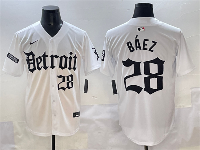 Men's Detroit Tigers #28 Javier B??ez White 'Motor Gothic Edition' Vapor Premier Limited Stitched Baseball Jersey