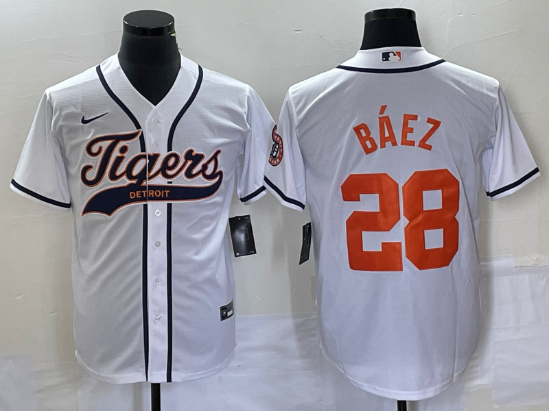 Men's Detroit Tigers #28 Javier B??ez White Cool Base Stitched Baseball Jersey