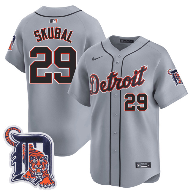 Men's Detroit Tigers #29 Tarik Skubal Gray Logo Patch Vapor Premier Limited Stitched Baseball Jersey