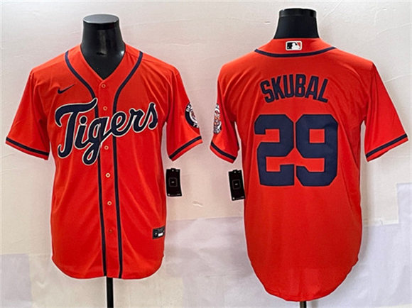 Men's Detroit Tigers #29 Tarik Skubal Orange With Patch Cool Base Stitched Baseball Jersey