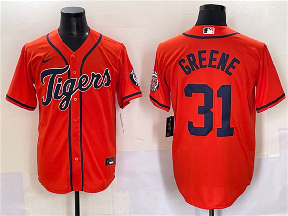 Men's Detroit Tigers #31 Riley Greene Orange With Patch Cool Base Stitched Baseball Jersey