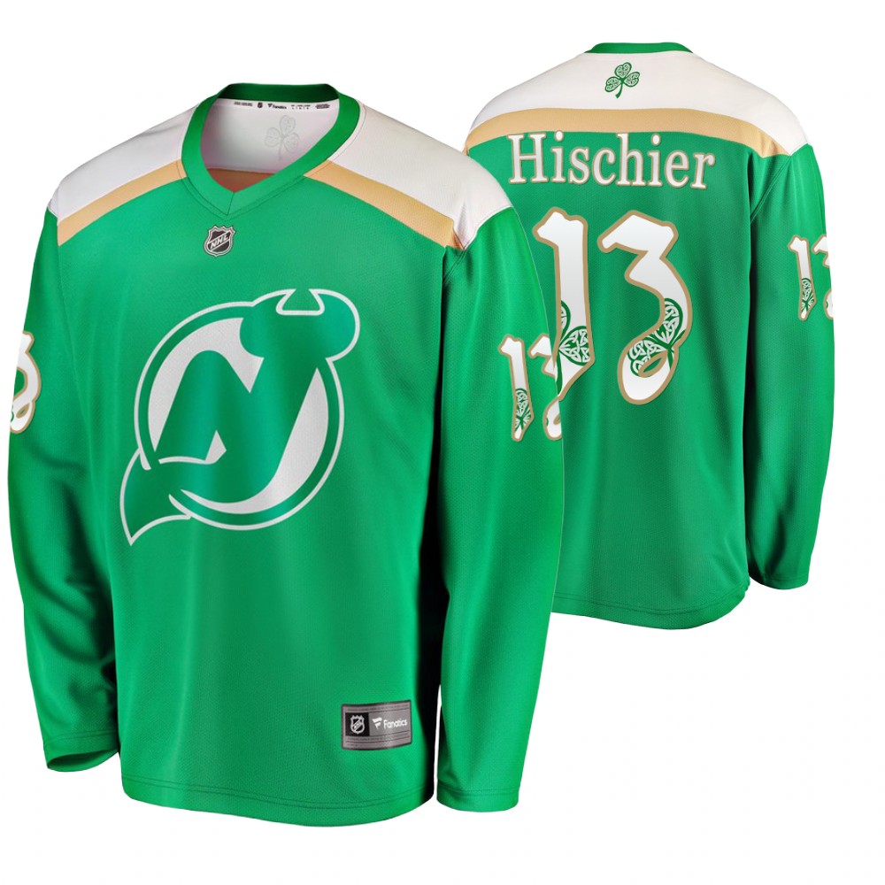 Men's Devils #13 Nico Hischier Replica St. Patrick's Day Jersey Green