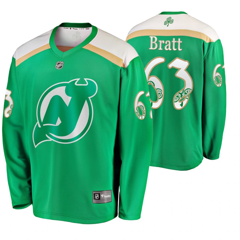 Men's Devils #63 Jesper Bratt Replica St. Patrick's Day Jersey Green