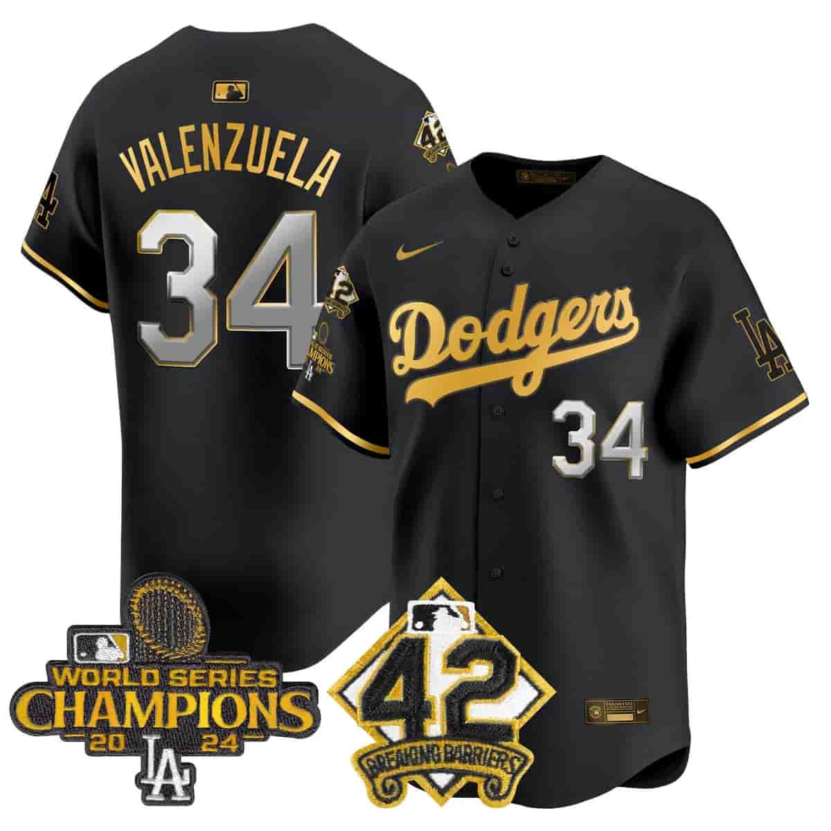Men's Dodgers 2024 World Series Champions & Jackie Robinson Patch Vapor Premier Limited Jersey - All Stitched Fernando Valenzuela    34