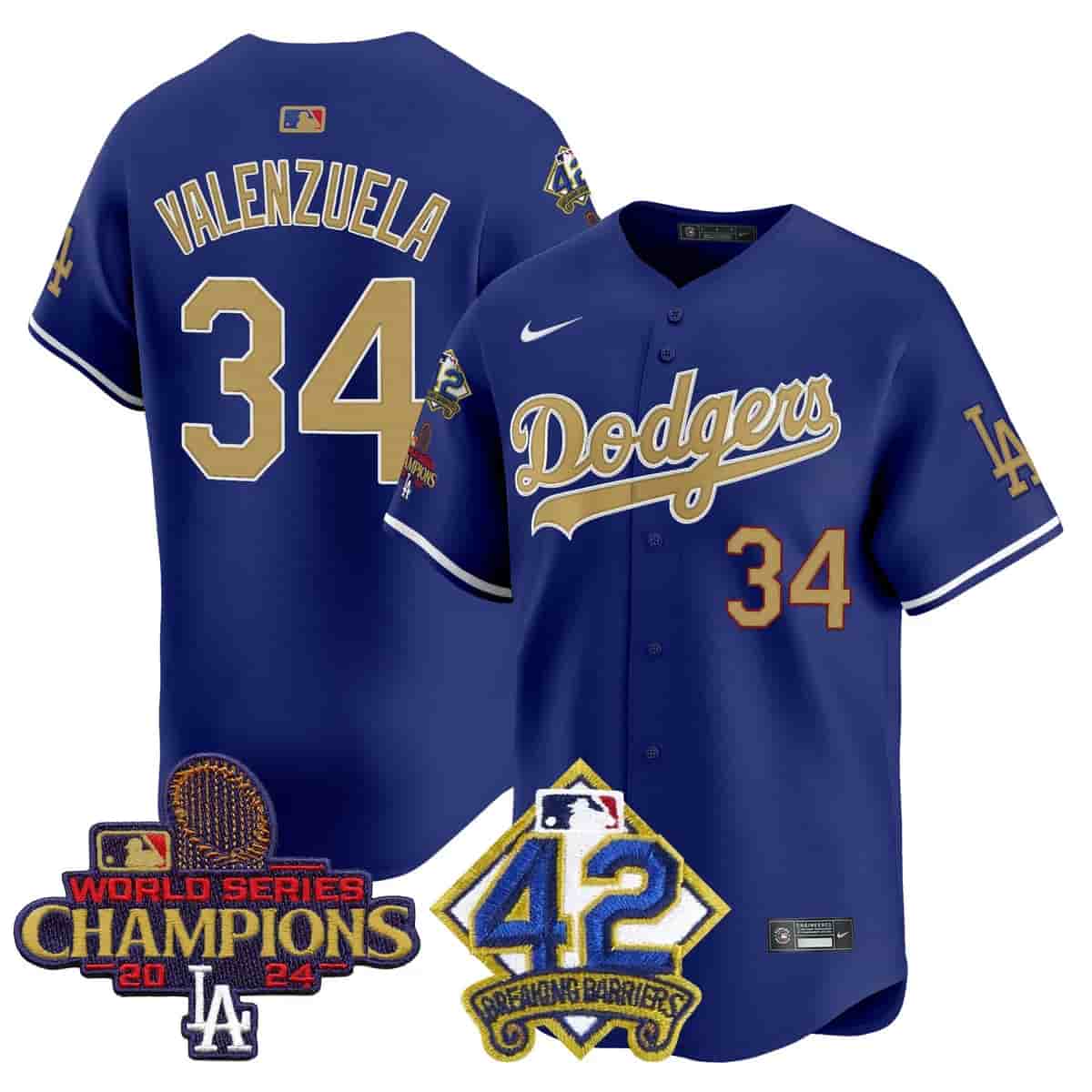 Men's Dodgers 2024 World Series Champions & Jackie Robinson Patch Vapor Premier Limited Jersey - All Stitched Fernando Valenzuela 34