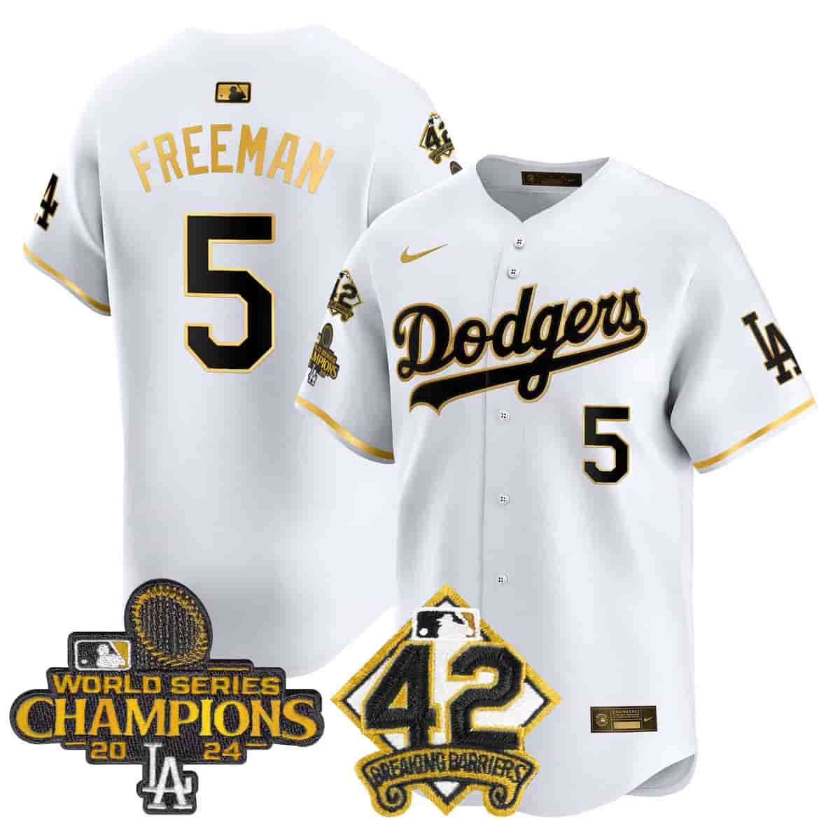Men's Dodgers 2024 World Series Champions & Jackie Robinson Patch Vapor Premier Limited Jersey - All Stitched Freddie Freeman      5
