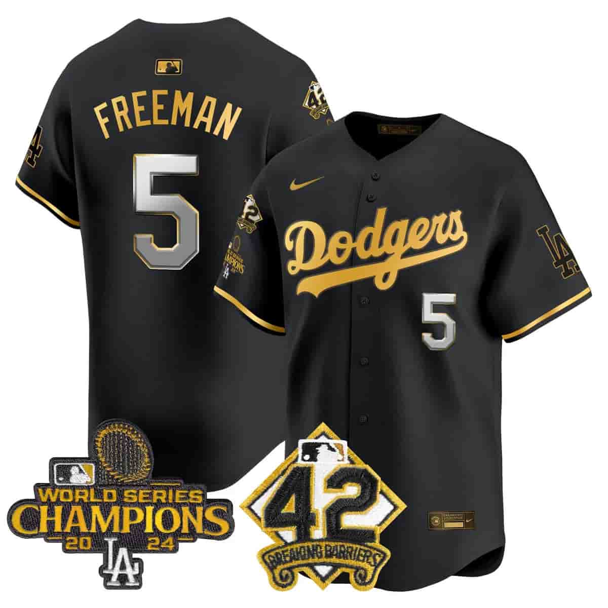 Men's Dodgers 2024 World Series Champions & Jackie Robinson Patch Vapor Premier Limited Jersey - All Stitched Freddie Freeman     5