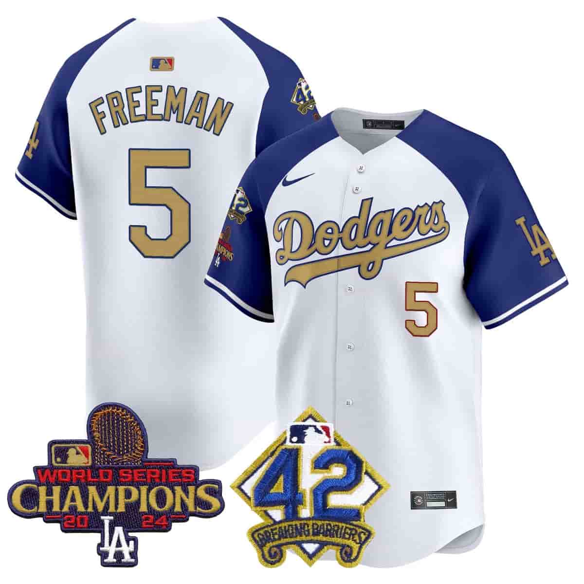 Men's Dodgers 2024 World Series Champions & Jackie Robinson Patch Vapor Premier Limited Jersey - All Stitched Freddie Freeman   5