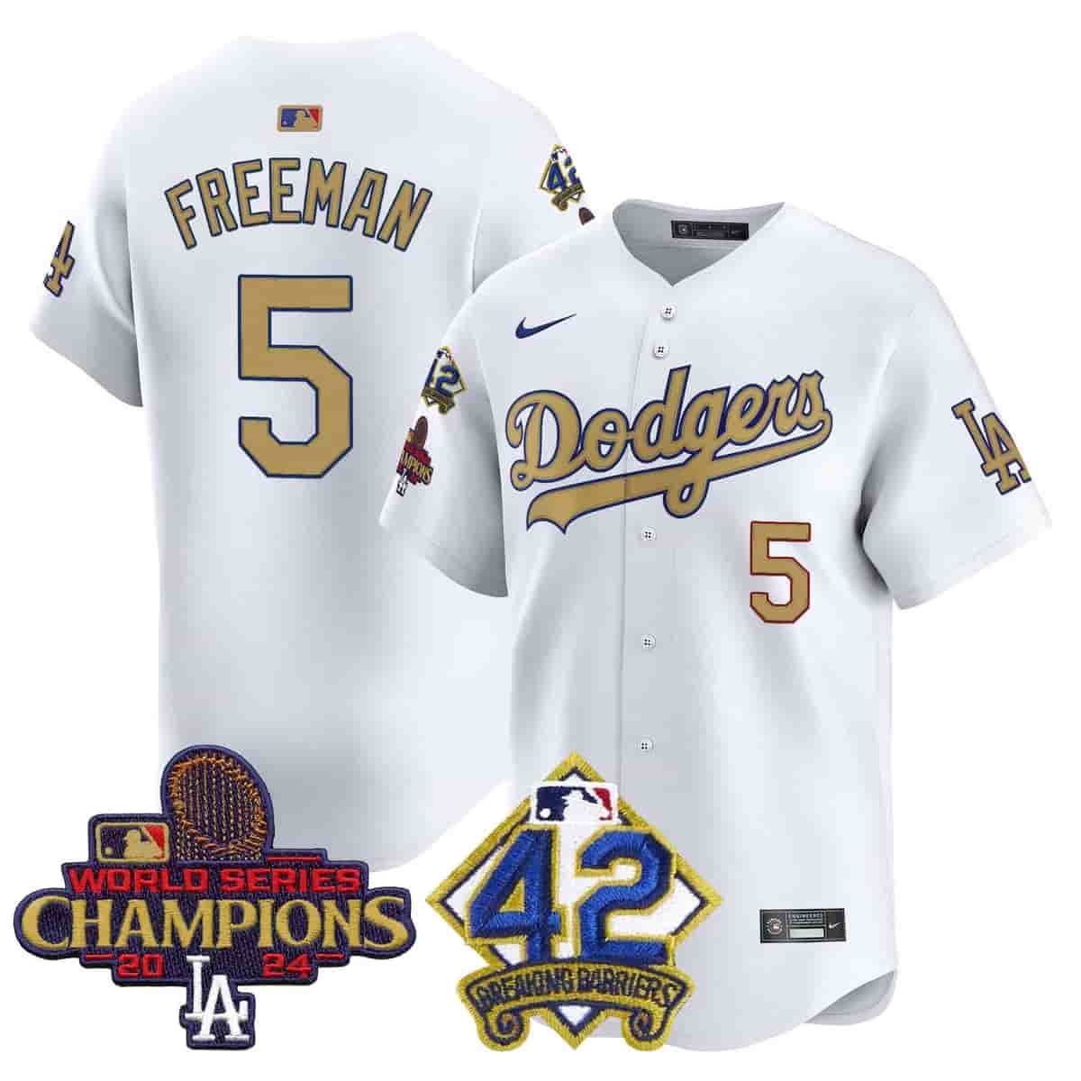Men's Dodgers 2024 World Series Champions & Jackie Robinson Patch Vapor Premier Limited Jersey - All Stitched Freddie Freeman