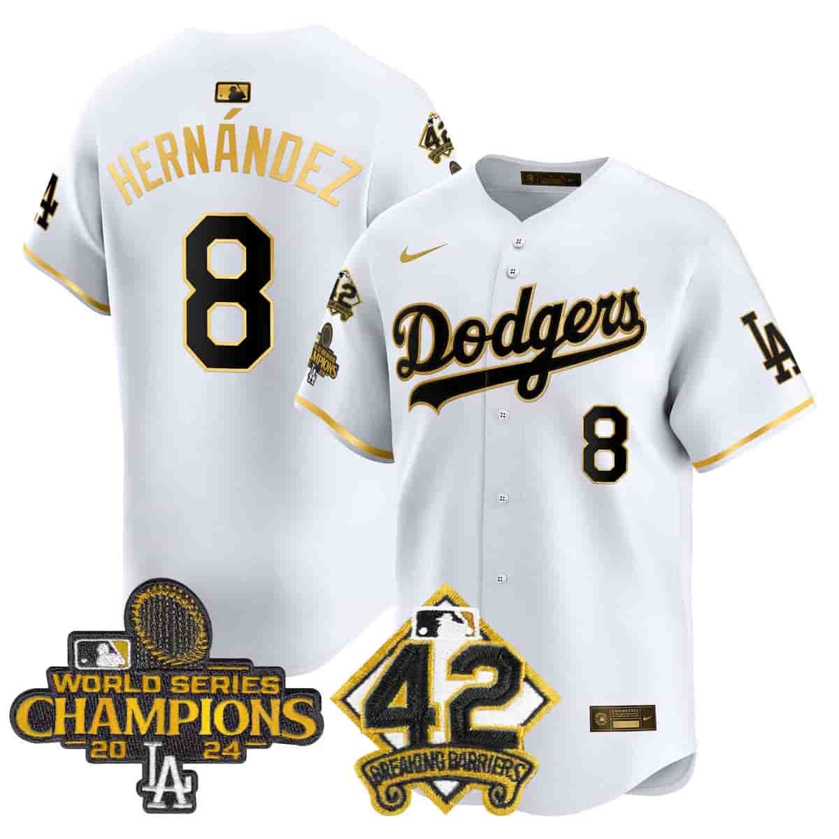 Men's Dodgers 2024 World Series Champions & Jackie Robinson Patch Vapor Premier Limited Jersey - All Stitched Kike Hernandez     8