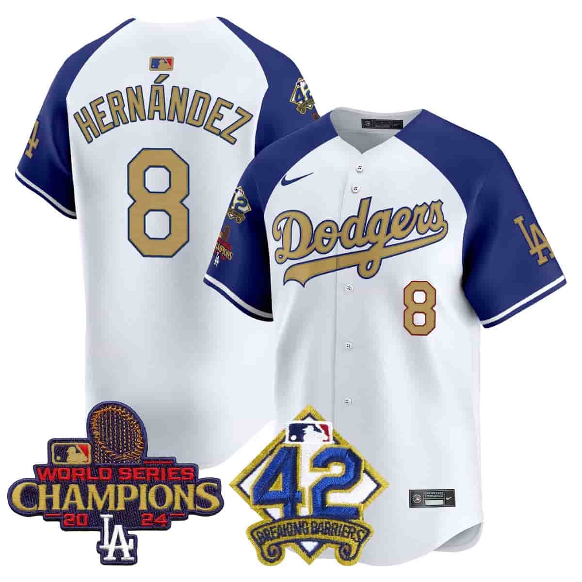 Men's Dodgers 2024 World Series Champions & Jackie Robinson Patch Vapor Premier Limited Jersey - All Stitched Kike Hernandez   8