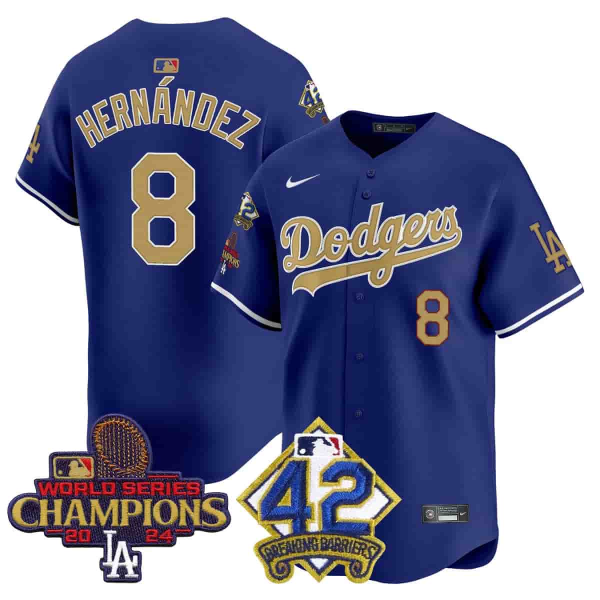 Men's Dodgers 2024 World Series Champions & Jackie Robinson Patch Vapor Premier Limited Jersey - All Stitched Kike Hernandez 8