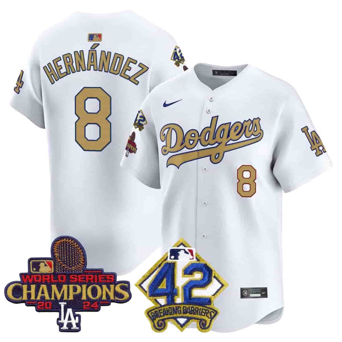 Men's Dodgers 2024 World Series Champions & Jackie Robinson Patch Vapor Premier Limited Jersey - All Stitched Kike Hernandez