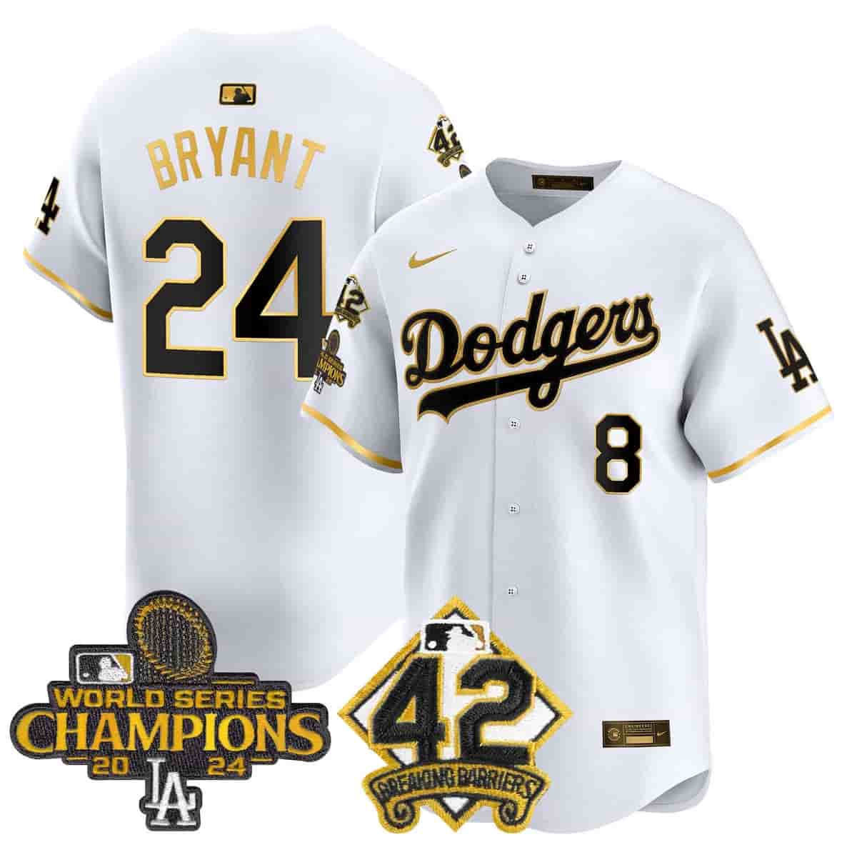 Men's Dodgers 2024 World Series Champions & Jackie Robinson Patch Vapor Premier Limited Jersey - All Stitched Kobe Bryant     24