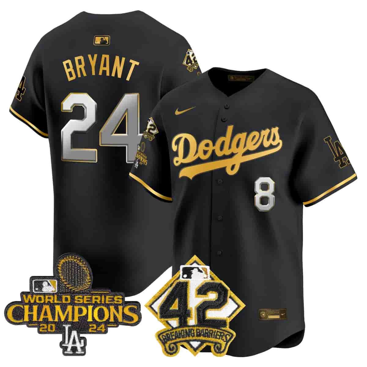 Men's Dodgers 2024 World Series Champions & Jackie Robinson Patch Vapor Premier Limited Jersey - All Stitched Kobe Bryant    24