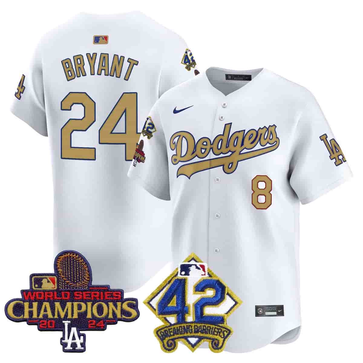 Men's Dodgers 2024 World Series Champions & Jackie Robinson Patch Vapor Premier Limited Jersey - All Stitched Kobe Bryant