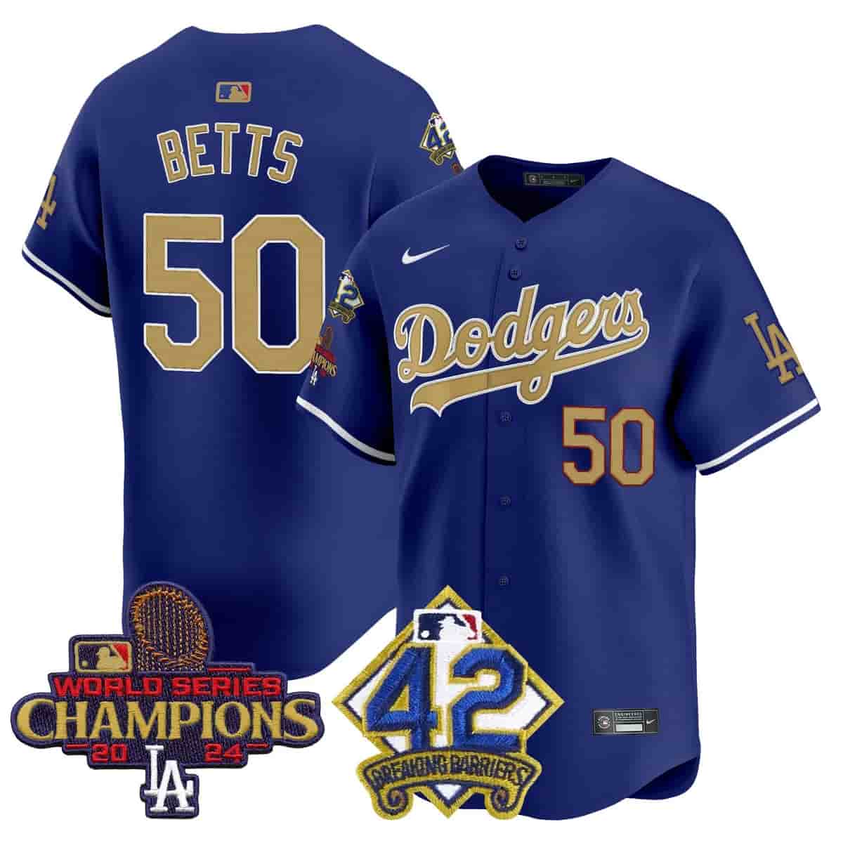Men's Dodgers 2024 World Series Champions & Jackie Robinson Patch Vapor Premier Limited Jersey - All Stitched Mookie Betts 50