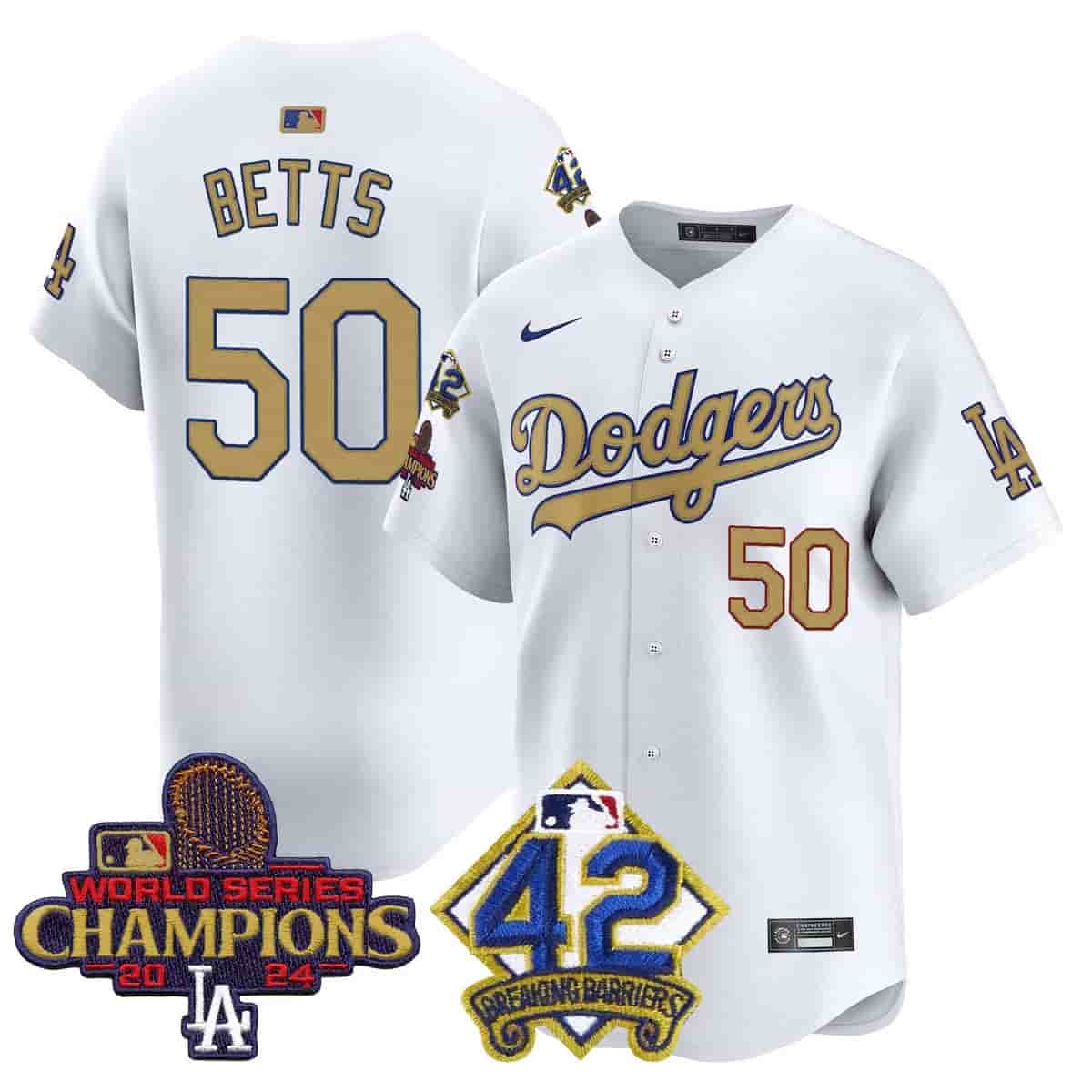 Men's Dodgers 2024 World Series Champions & Jackie Robinson Patch Vapor Premier Limited Jersey - All Stitched Mookie Betts