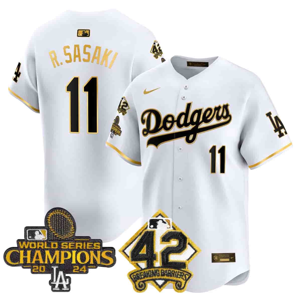 Men's Dodgers 2024 World Series Champions & Jackie Robinson Patch Vapor Premier Limited Jersey - All Stitched Roki Sasaki     11