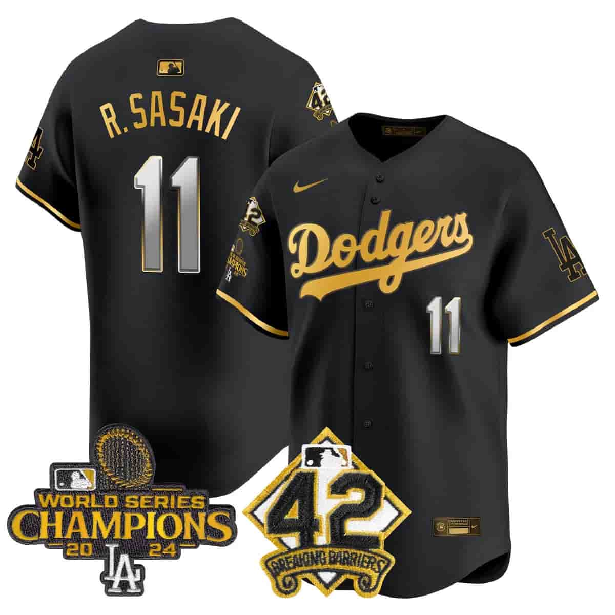Men's Dodgers 2024 World Series Champions & Jackie Robinson Patch Vapor Premier Limited Jersey - All Stitched Roki Sasaki    11