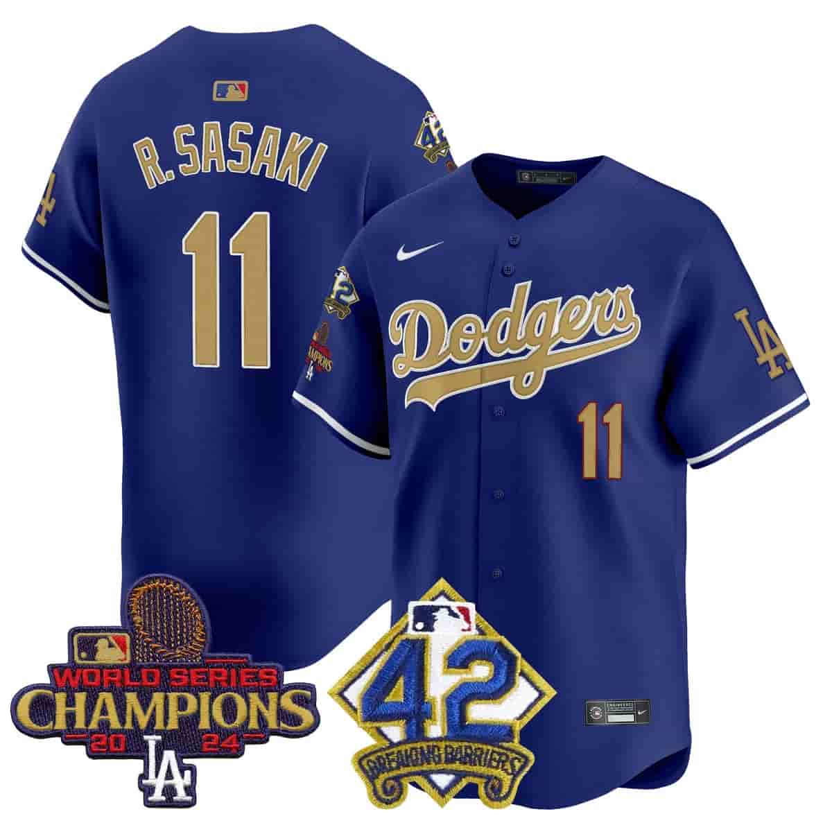 Men's Dodgers 2024 World Series Champions & Jackie Robinson Patch Vapor Premier Limited Jersey - All Stitched Roki Sasaki 11