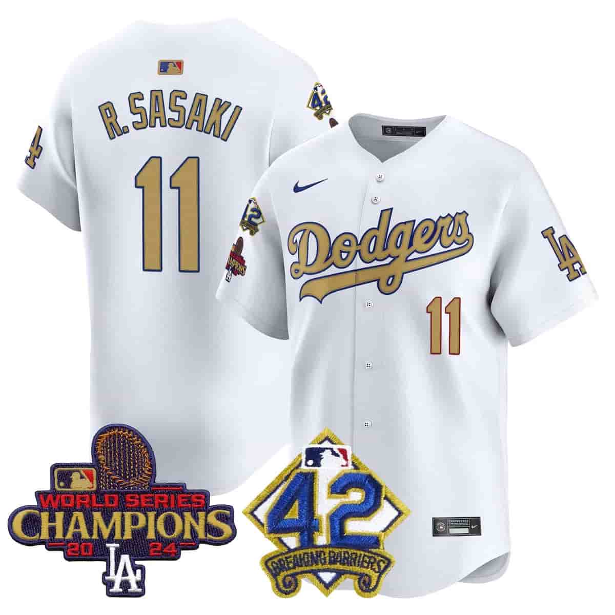 Men's Dodgers 2024 World Series Champions & Jackie Robinson Patch Vapor Premier Limited Jersey - All Stitched Roki Sasaki