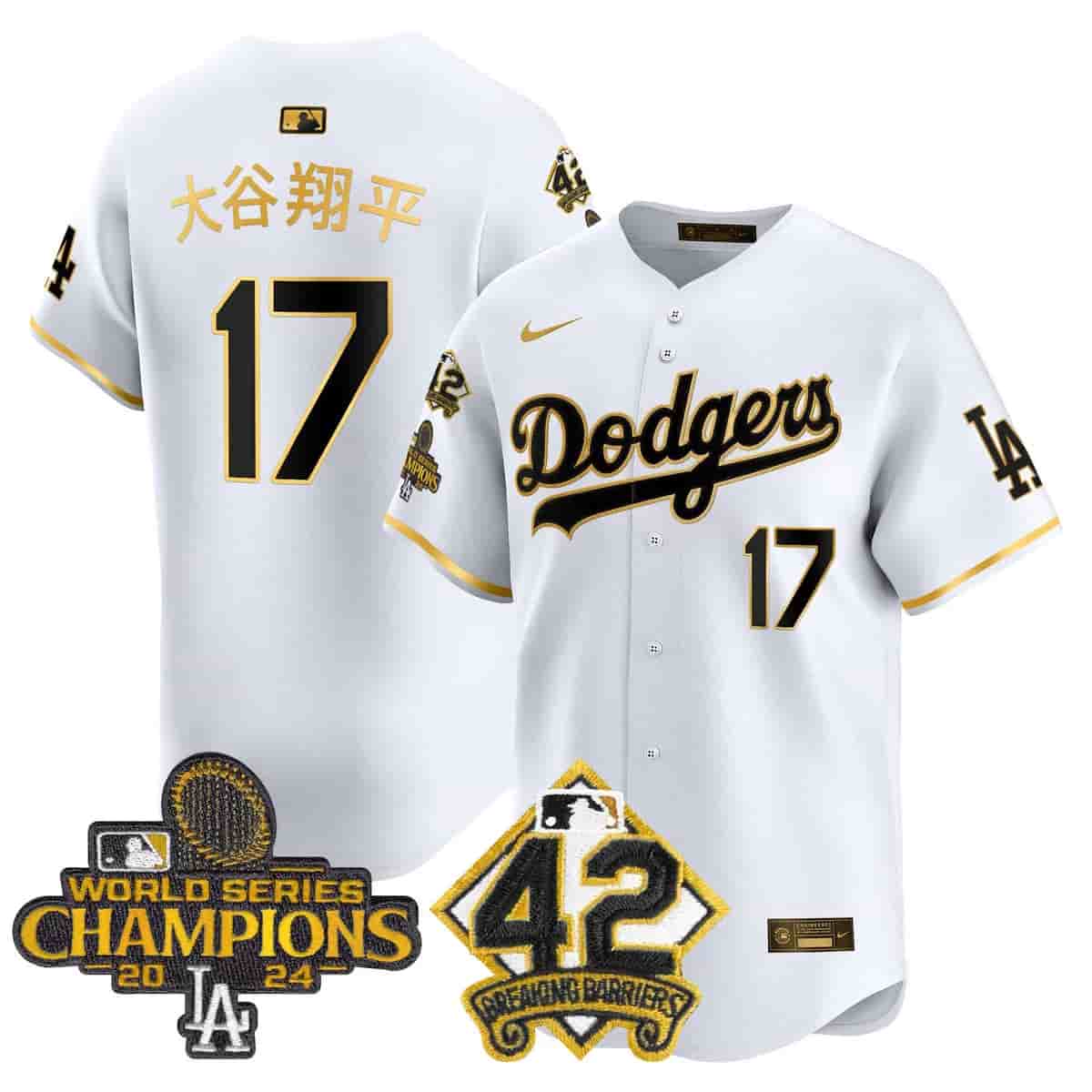 Men's Dodgers 2024 World Series Champions & Jackie Robinson Patch Vapor Premier Limited Jersey - All Stitched Shohei Ohtani (Kanji)      17