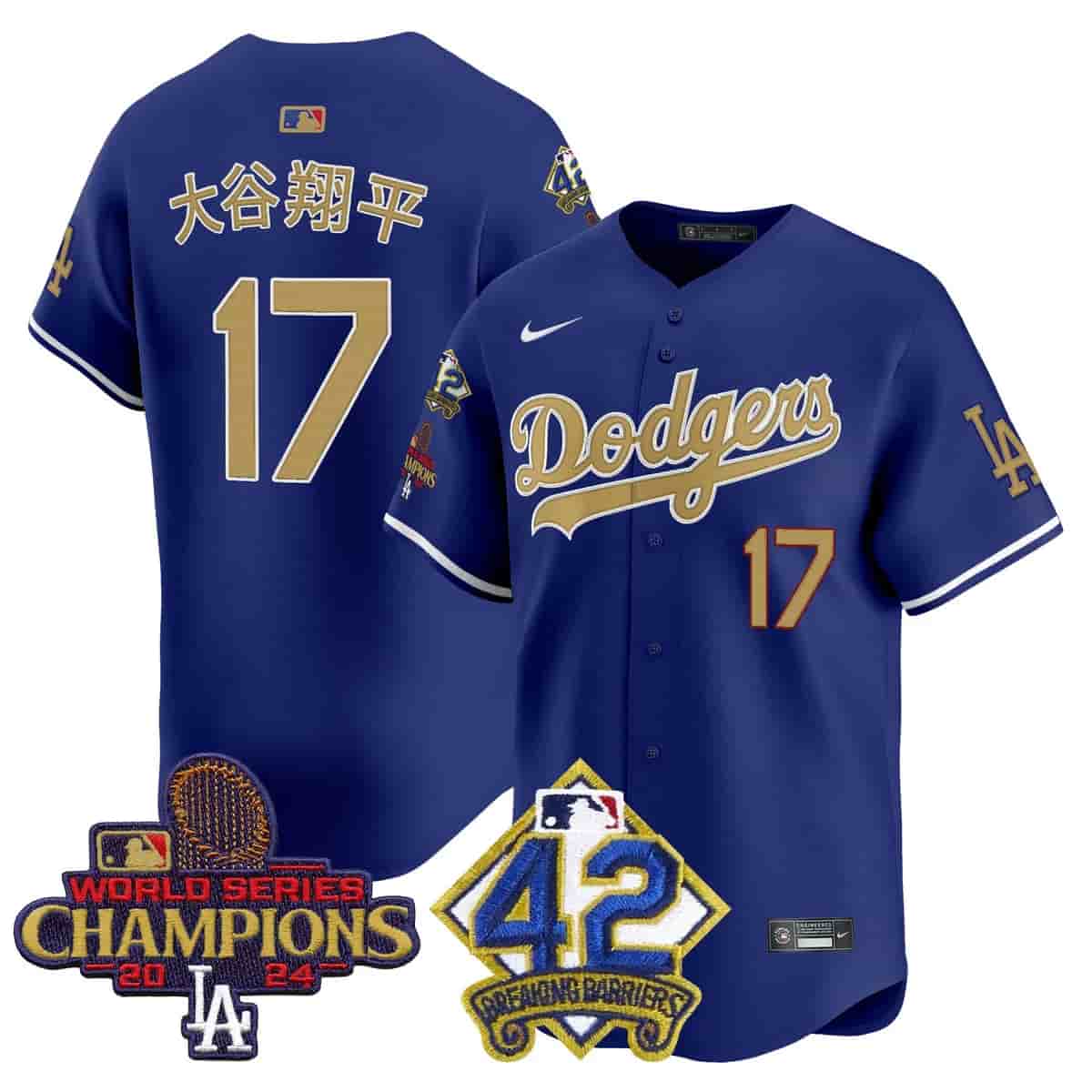 Men's Dodgers 2024 World Series Champions & Jackie Robinson Patch Vapor Premier Limited Jersey - All Stitched Shohei Ohtani (Kanji) 17