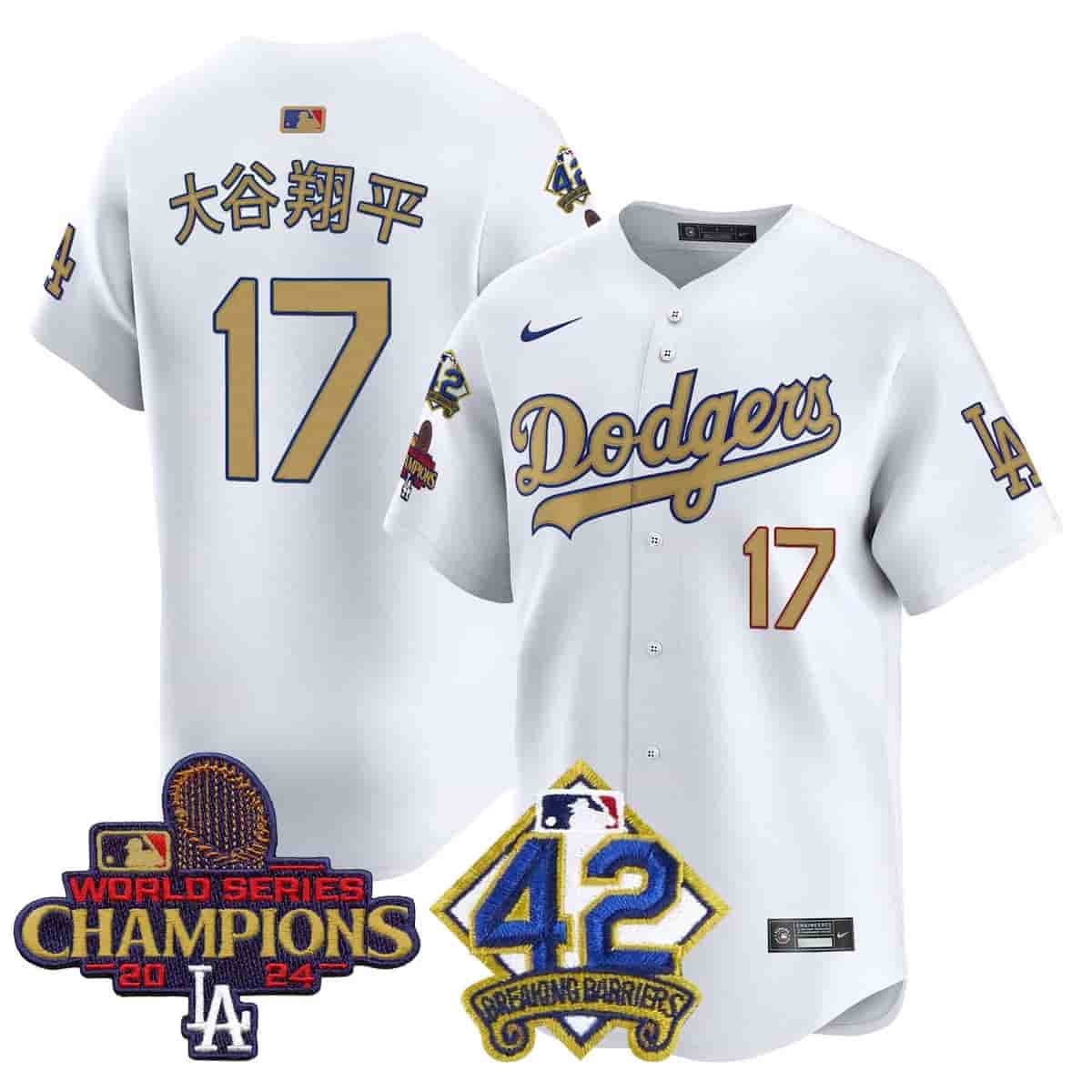 Men's Dodgers 2024 World Series Champions & Jackie Robinson Patch Vapor Premier Limited Jersey - All Stitched Shohei Ohtani (Kanji)