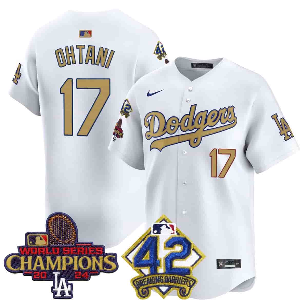 Men's Dodgers 2024 World Series Champions & Jackie Robinson Patch Vapor Premier Limited Jersey - All Stitched Shohei Ohtani