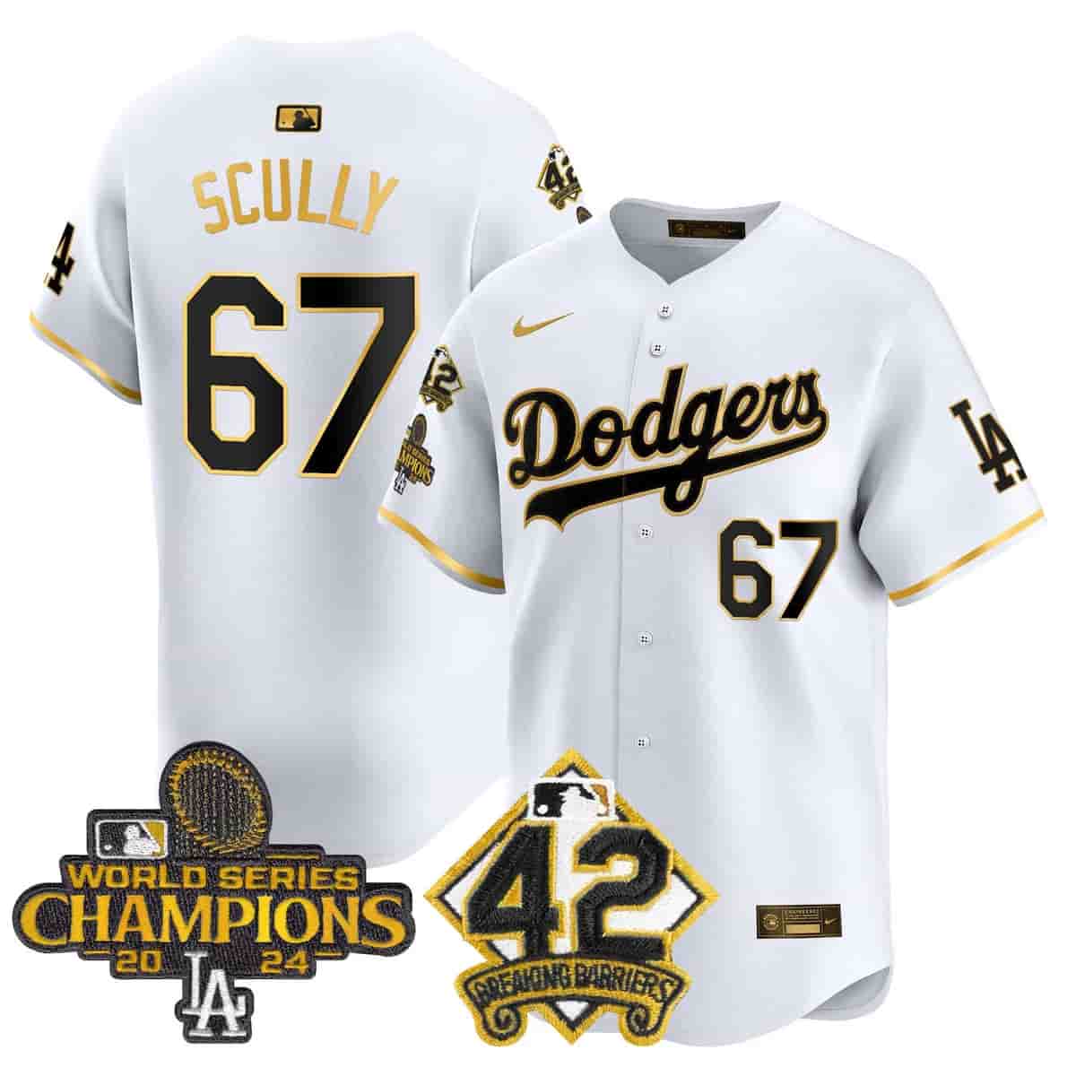 Men's Dodgers 2024 World Series Champions & Jackie Robinson Patch Vapor Premier Limited Jersey - All Stitched Vin Scully     67
