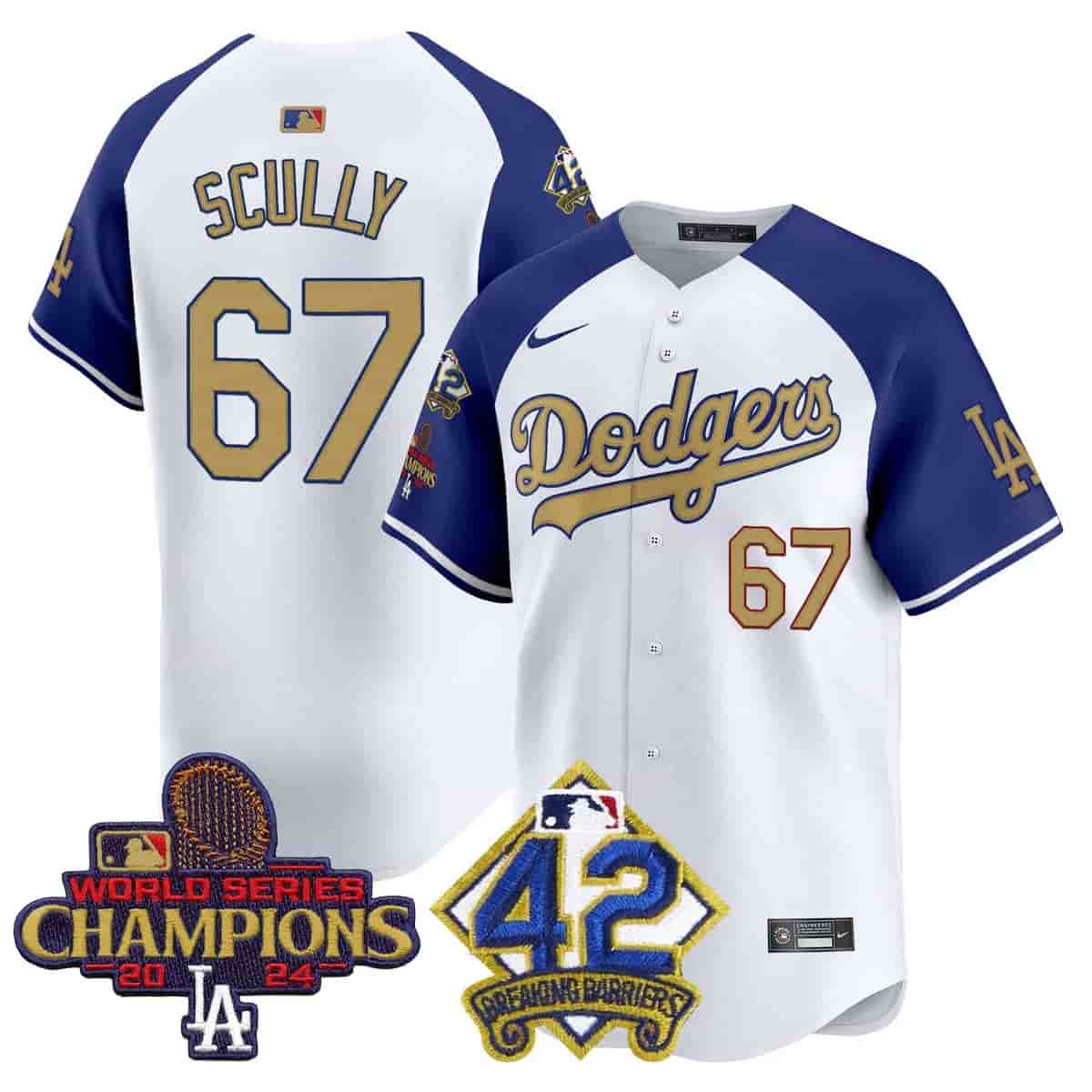 Men's Dodgers 2024 World Series Champions & Jackie Robinson Patch Vapor Premier Limited Jersey - All Stitched Vin Scully  67