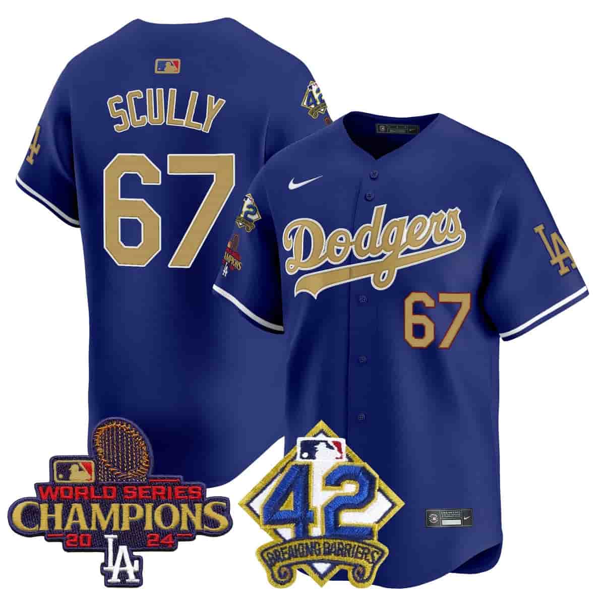 Men's Dodgers 2024 World Series Champions & Jackie Robinson Patch Vapor Premier Limited Jersey - All Stitched Vin Scully 67