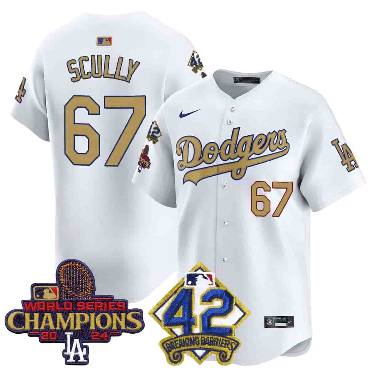 Men's Dodgers 2024 World Series Champions & Jackie Robinson Patch Vapor Premier Limited Jersey - All Stitched Vin Scully