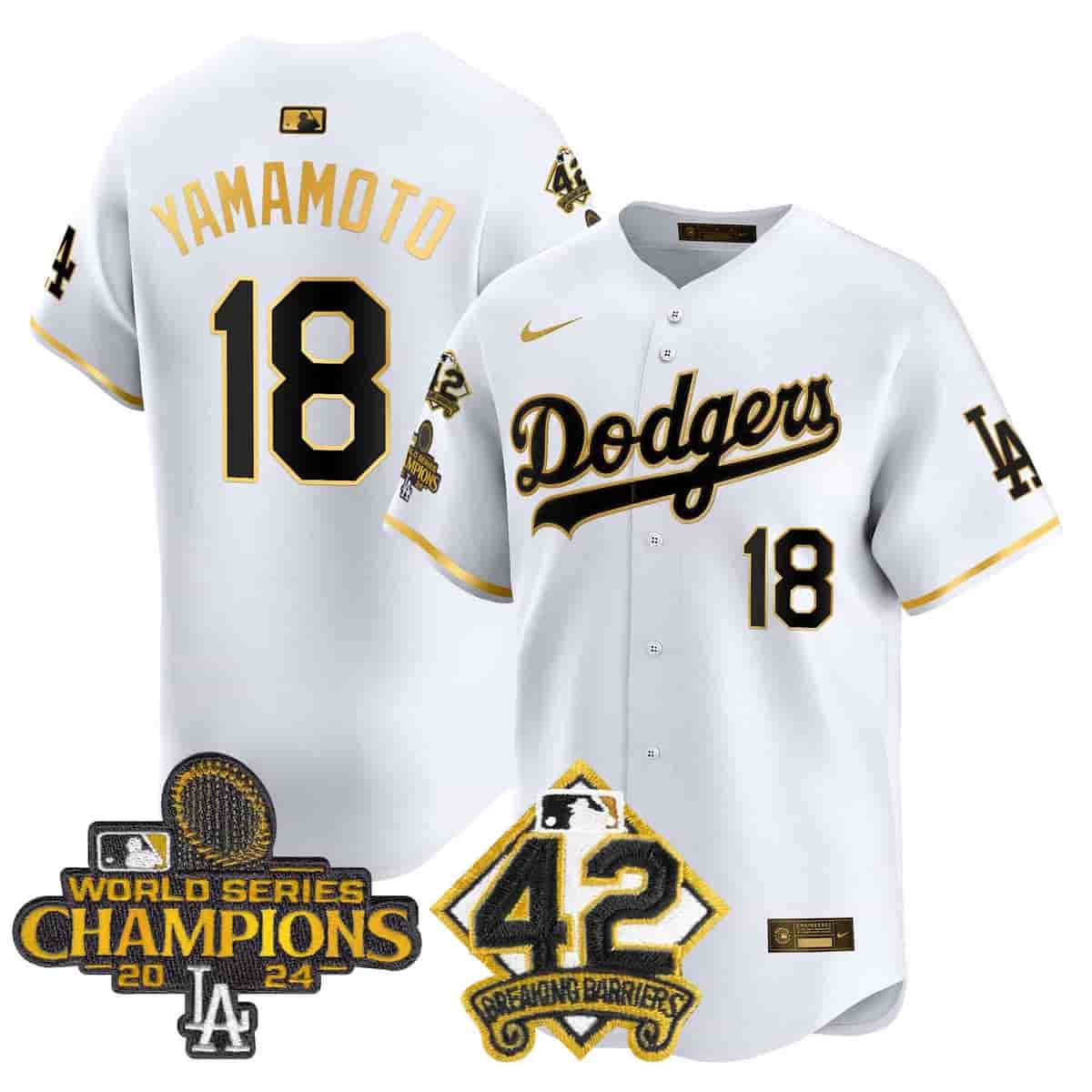 Men's Dodgers 2024 World Series Champions & Jackie Robinson Patch Vapor Premier Limited Jersey - All Stitched Yamamoto      18