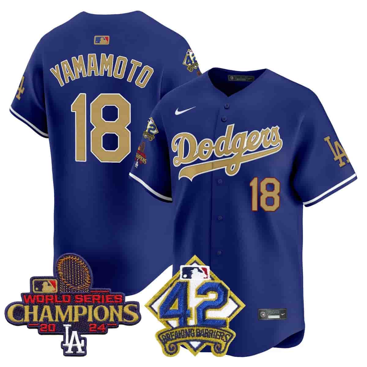 Men's Dodgers 2024 World Series Champions & Jackie Robinson Patch Vapor Premier Limited Jersey - All Stitched Yamamoto  18