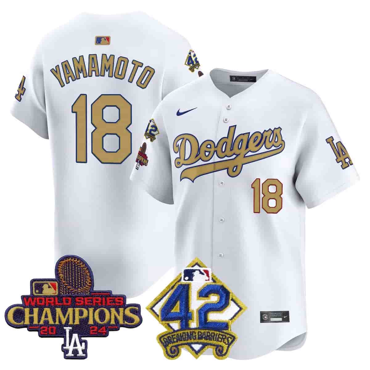 Men's Dodgers 2024 World Series Champions & Jackie Robinson Patch Vapor Premier Limited Jersey - All Stitched Yamamoto
