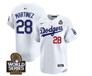 Men's Dodgers 2024 World Series Vapor Premier Limited Jersey V2 - All Stitched  WHITE 28 J.D.MARTINEZ
