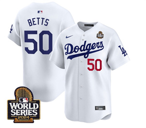 Men's Dodgers 2024 World Series Vapor Premier Limited Jersey V2 - All Stitched  WHITE 50 MOOKIE BETTS