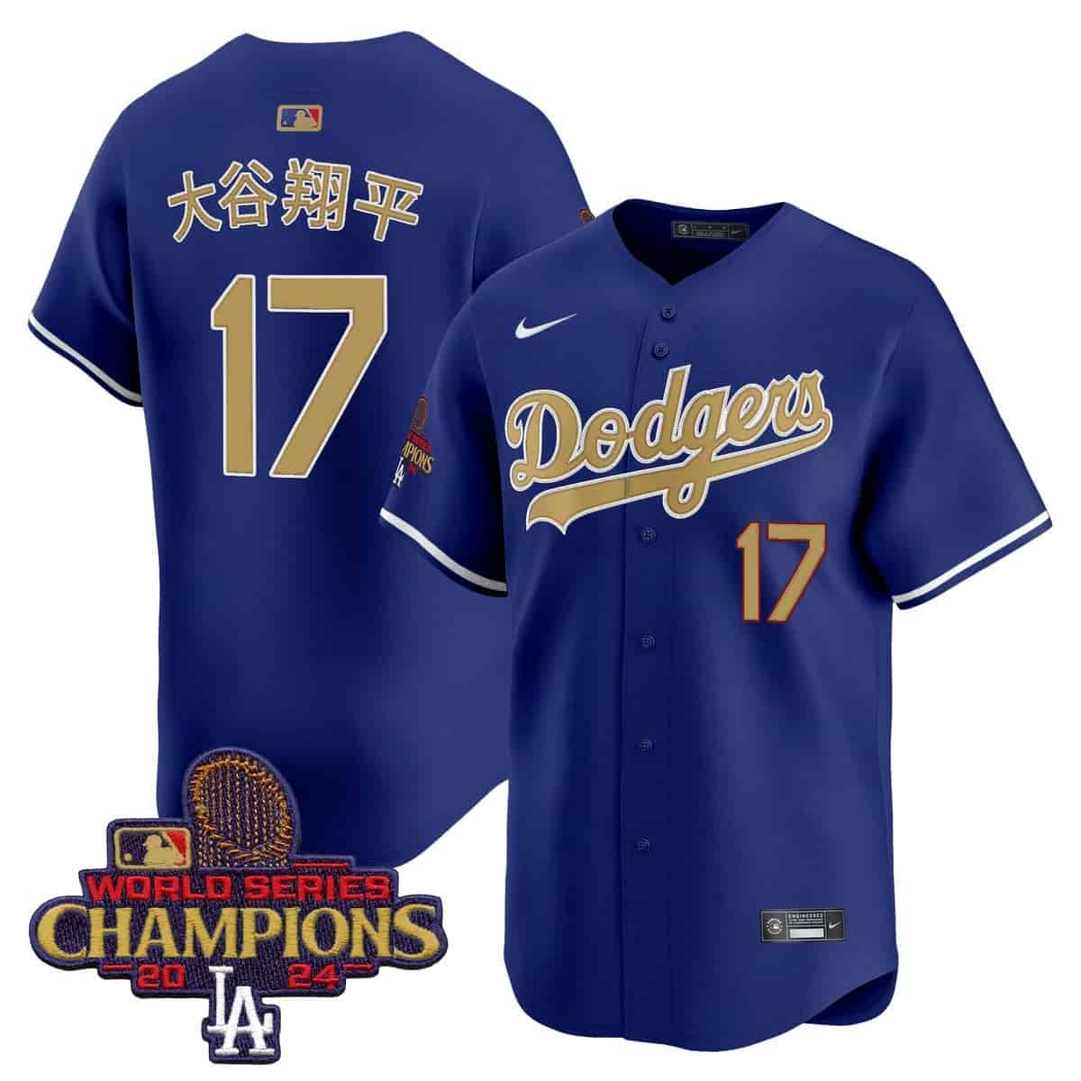 Men's Dodgers 2025 Gold Vapor Premier Limited Jersey - All Stitched  Royal Shohei Ohtani (Kanji) 17
