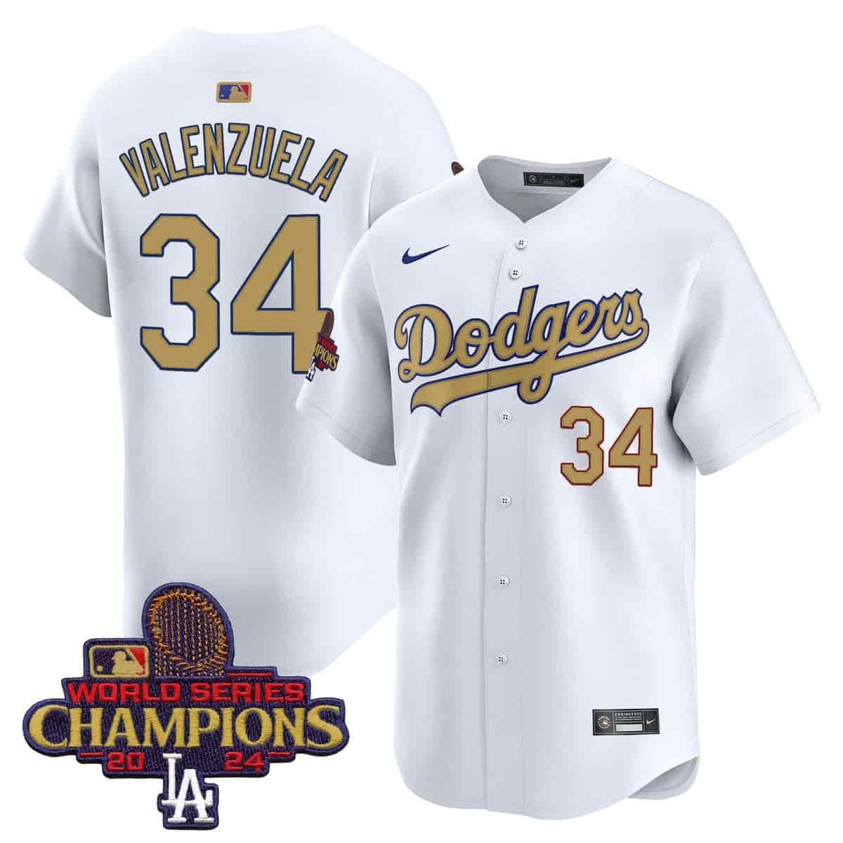 Men's Dodgers 2025 Gold Vapor Premier Limited Jersey - All Stitched  White Fernando Valenzuela 34