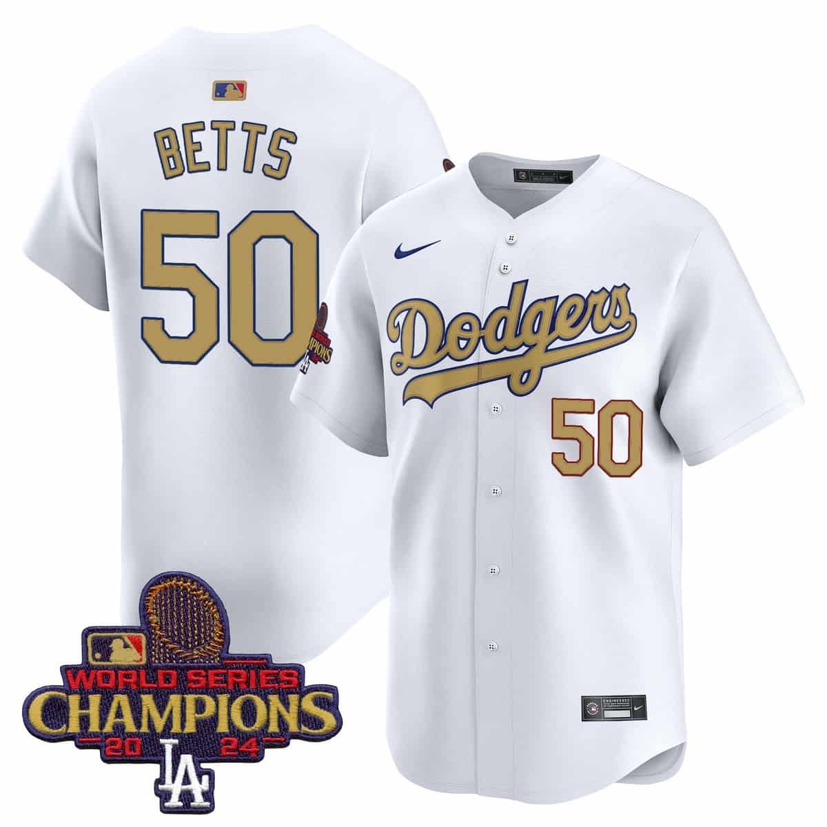Men's Dodgers 2025 Gold Vapor Premier Limited Jersey - All Stitched  White Mookie Betts 50