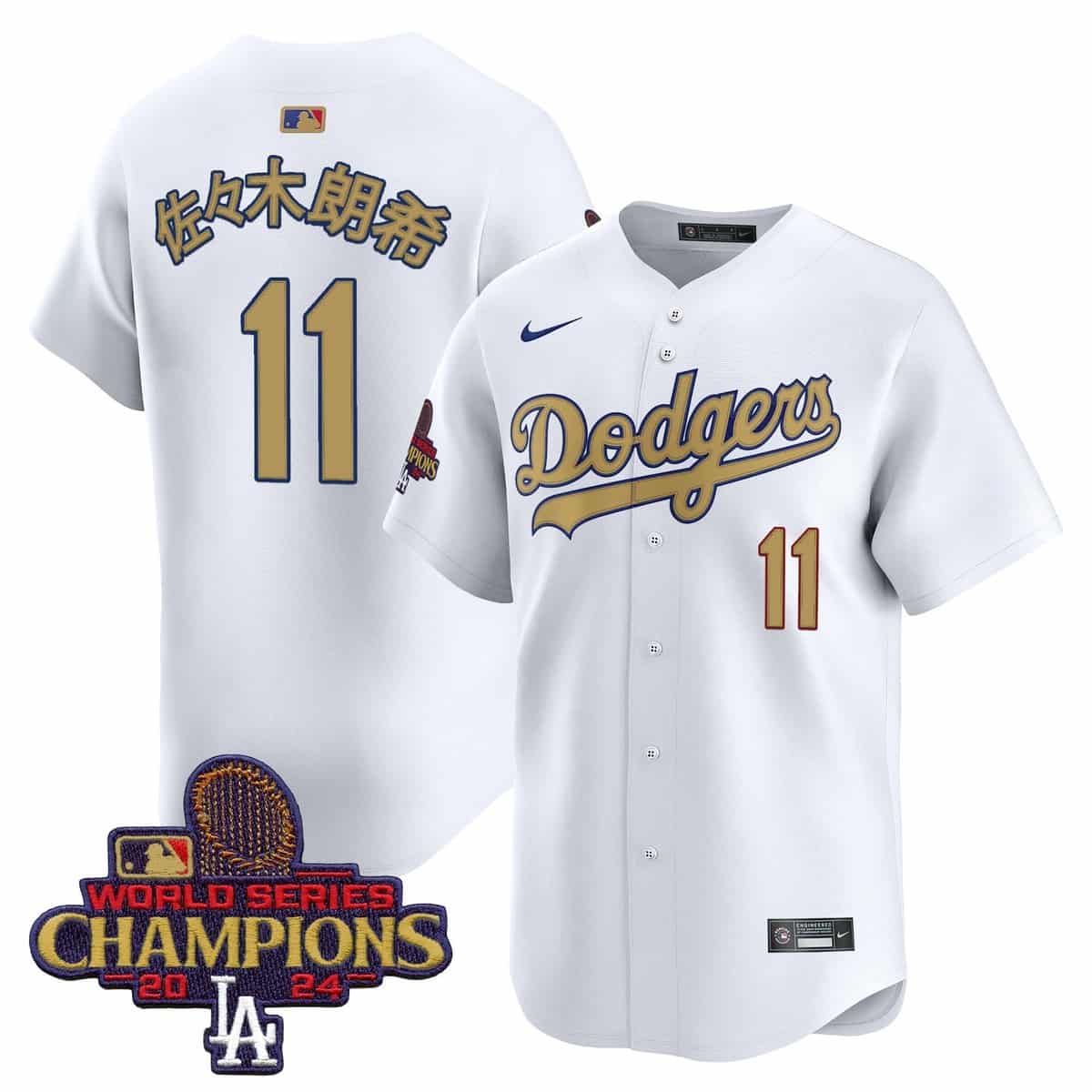 Men's Dodgers 2025 Gold Vapor Premier Limited Jersey - All Stitched  White Roki Sasaki (Kanji) 11