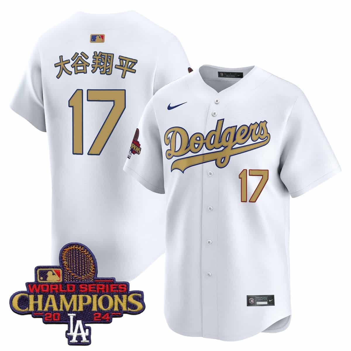 Men's Dodgers 2025 Gold Vapor Premier Limited Jersey - All Stitched  White Shohei Ohtani (Kanji) 17