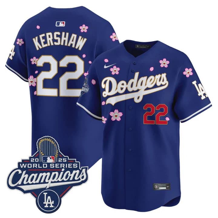Men's Dodgers 2025 World Series Champions x Tokyo Series Gold Trim Vapor Premier Limited Jersey - Stitched Clayton Kershaw     22