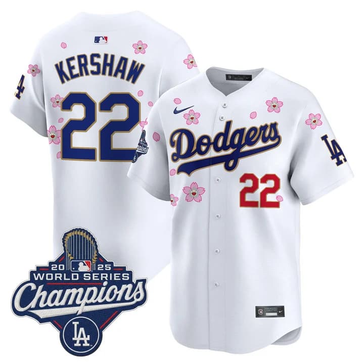 Men's Dodgers 2025 World Series Champions x Tokyo Series Gold Trim Vapor Premier Limited Jersey - Stitched Clayton Kershaw    22