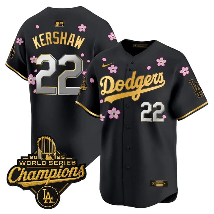 Men's Dodgers 2025 World Series Champions x Tokyo Series Gold Trim Vapor Premier Limited Jersey - Stitched Clayton Kershaw  22