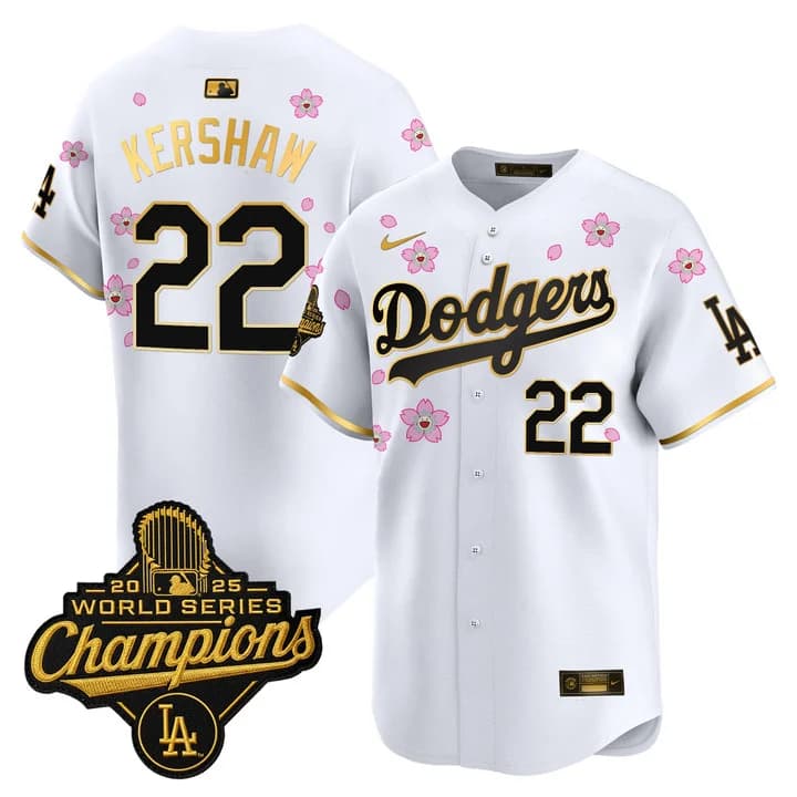 Men's Dodgers 2025 World Series Champions x Tokyo Series Gold Trim Vapor Premier Limited Jersey - Stitched Clayton Kershaw