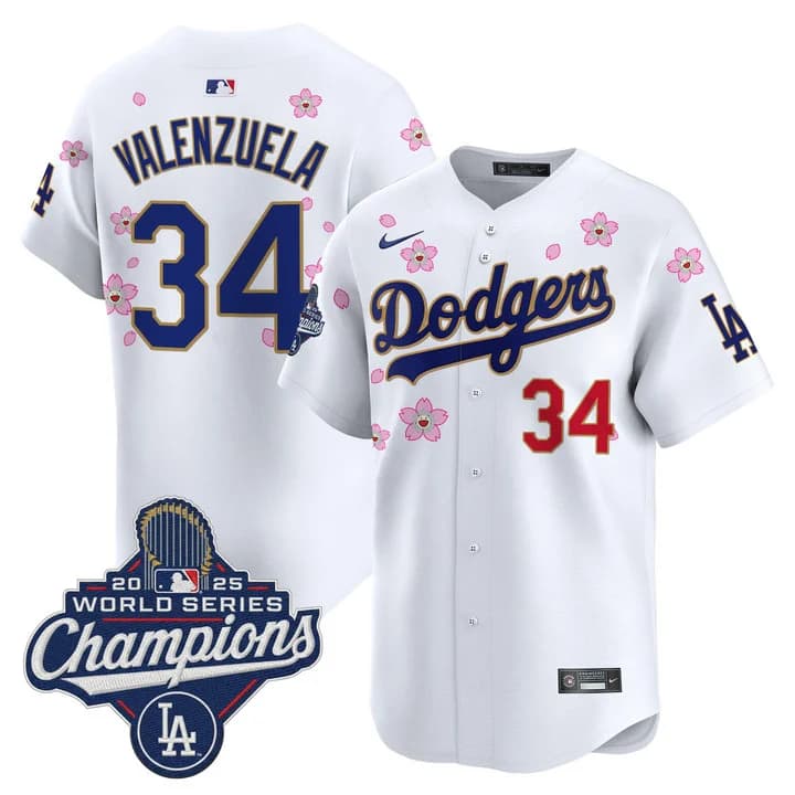 Men's Dodgers 2025 World Series Champions x Tokyo Series Gold Trim Vapor Premier Limited Jersey - Stitched Fernando Valenzuela    34