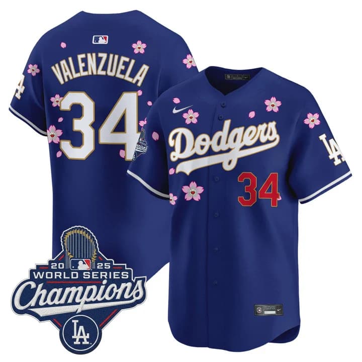 Men's Dodgers 2025 World Series Champions x Tokyo Series Gold Trim Vapor Premier Limited Jersey - Stitched Fernando Valenzuela   34